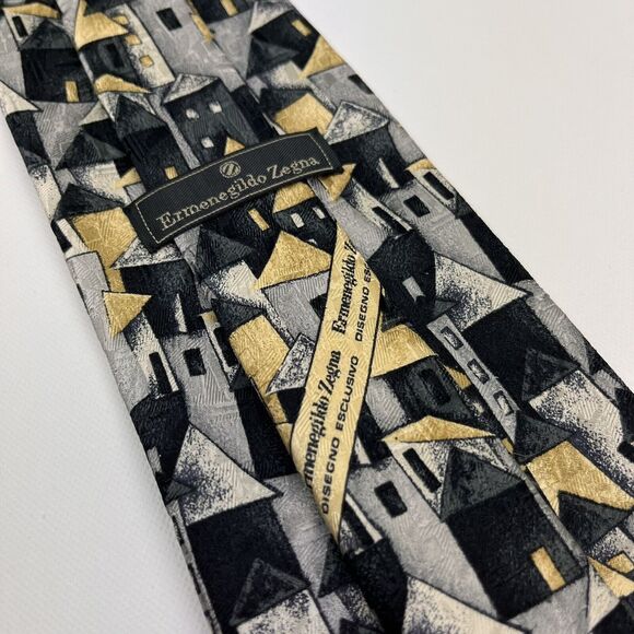 Ermenegildo Zegna Neck Tie Mens Geometric Abstract Buildings 100% Silk Italy - Picture 1 of 7